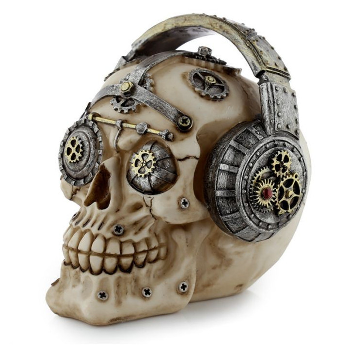crâne avec engrenages et casque audio