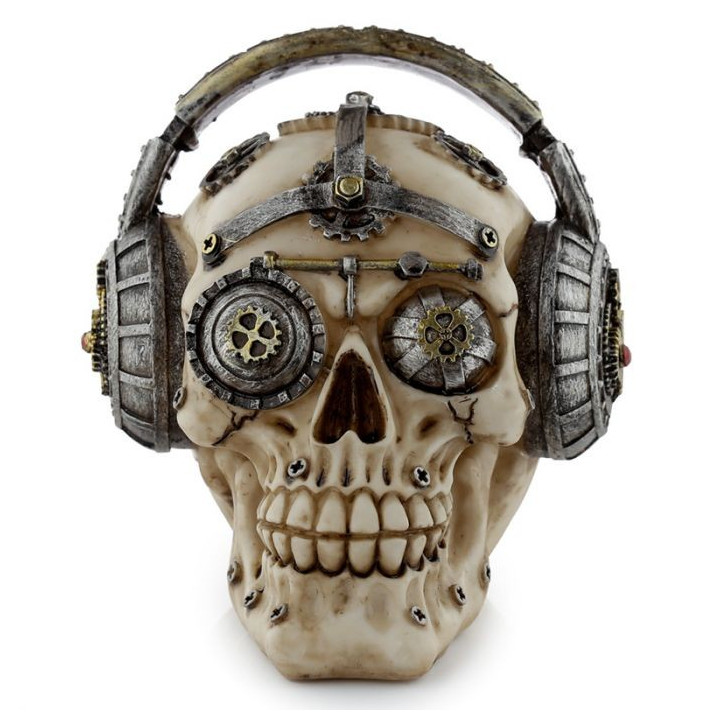 crâne avec engrenages et casque audio