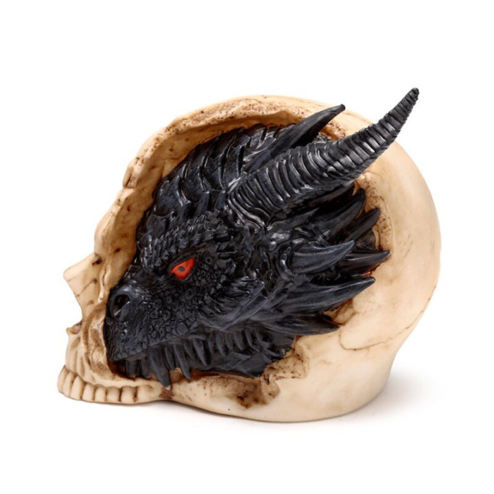 Figurine dragon noir dans un Crâne