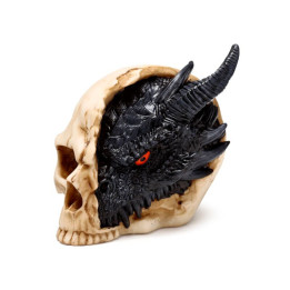 Figurine dragon noir dans un Crâne