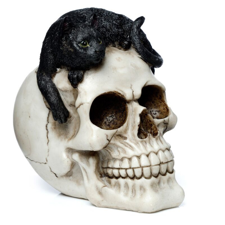 Figurine Crâne avec Chat Noir
