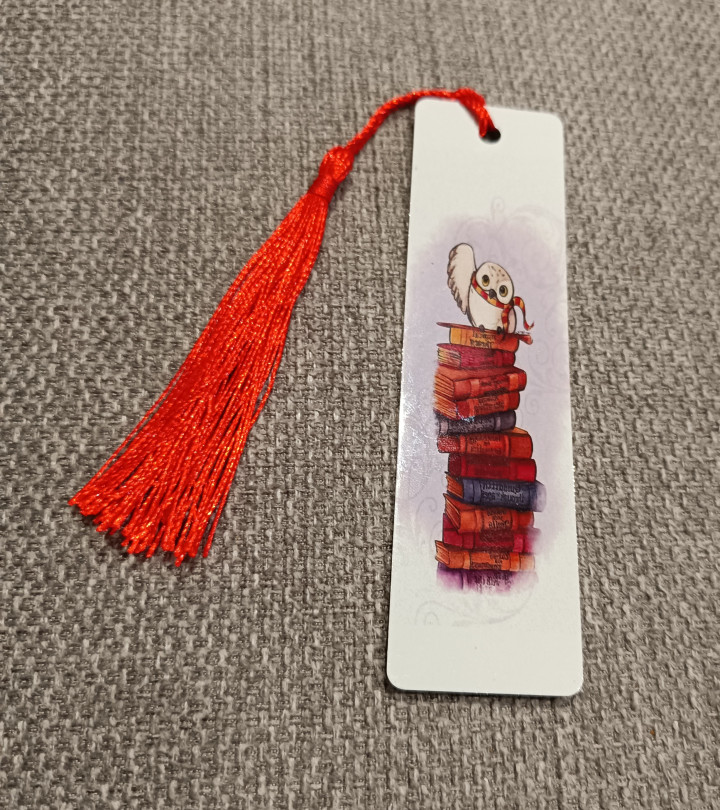 Marque-page illustré d'une chouette blanche à écharpe sur une pile de livres avec un pompon rouge