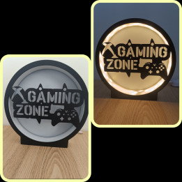 Lampe ronde noire Gaming Zone allumée et éteinte avec silhouette de manette