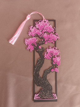Marque-page en impression 3D motif bonsaï aux fleurs roses avec pompon