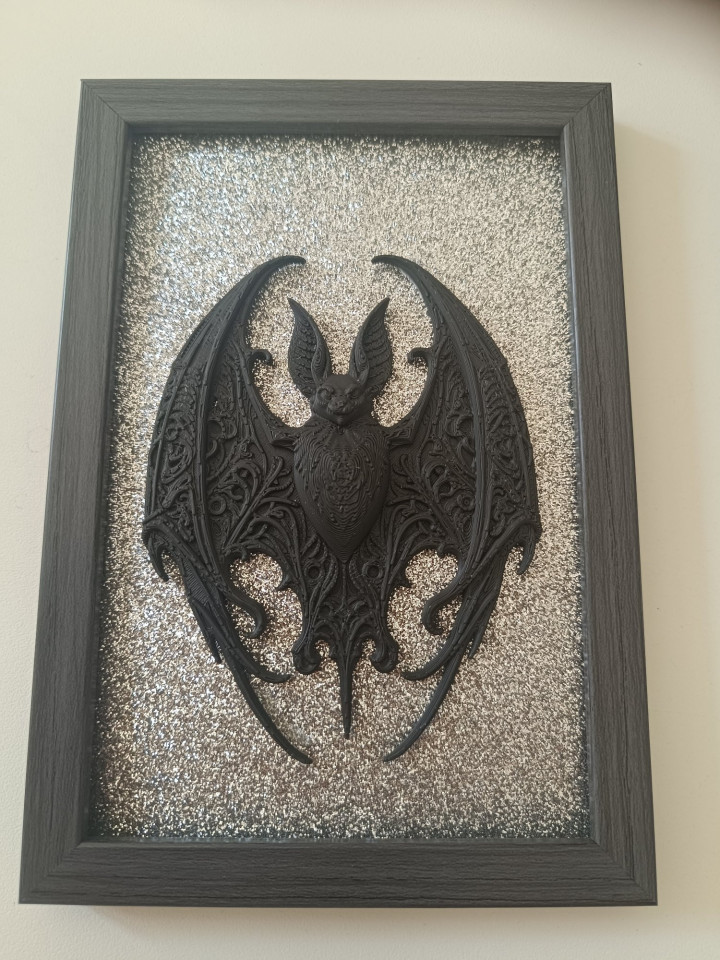 Cadre sombre contenant une chauve-souris noire en relief 3D sur fond scintillant argenté