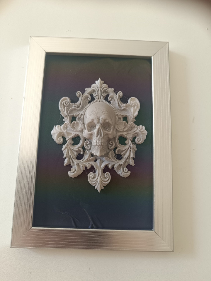 Cadre argenté avec sculpture de crâne en relief 3D et motifs baroques sur fond sombre