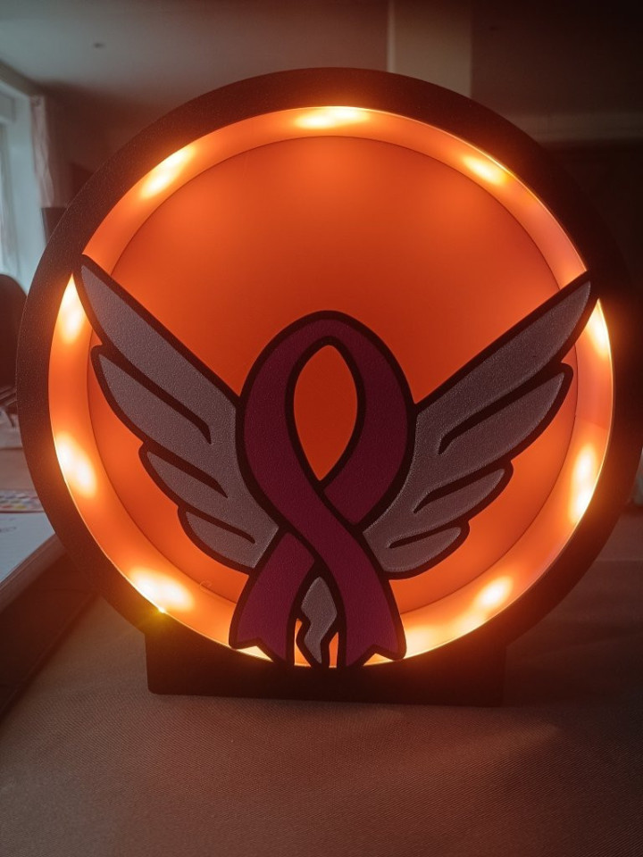 Veilleuse circulaire lumineuse avec ruban rose et ailes argentées