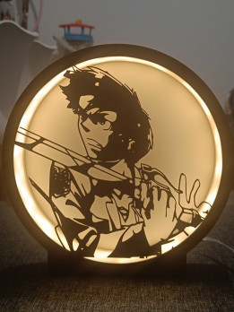 Lampe circulaire lumineuse en impression 3D avec la silhouette d'un combattant tenant des lames