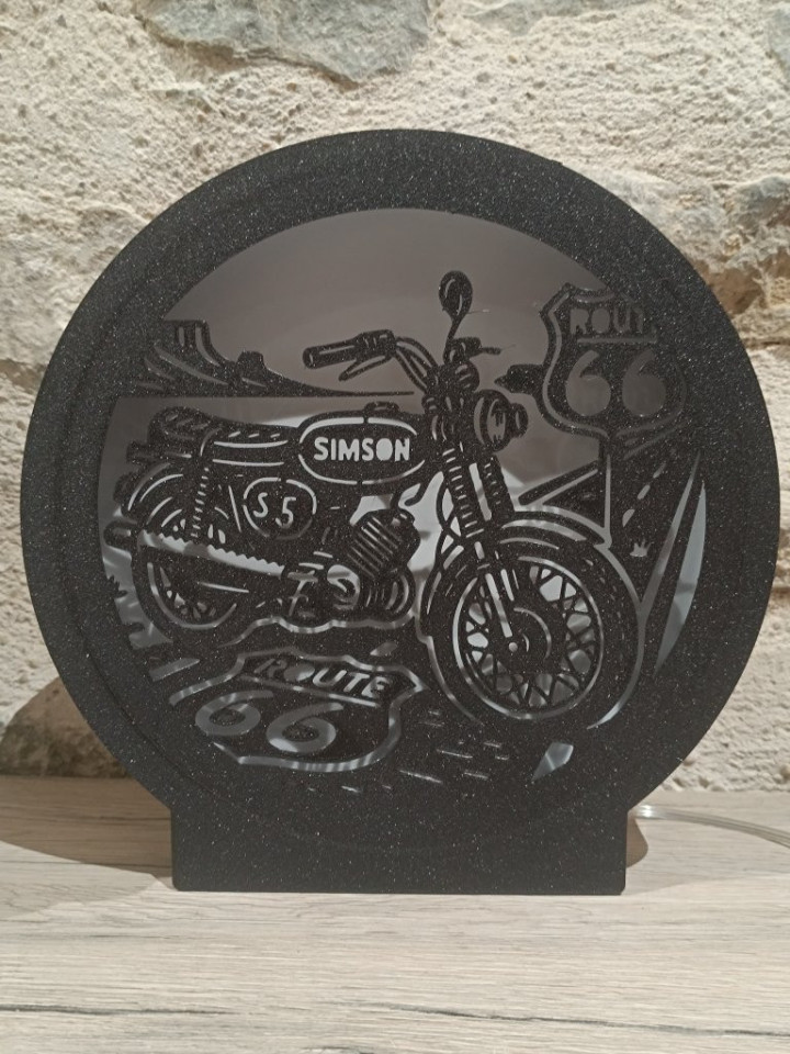 Lampe veilleuse circulaire noire en impression 3D avec rétroéclairage LED montrant une moto vintage