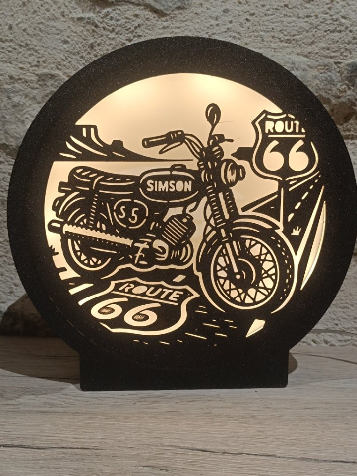 Lampe veilleuse circulaire noire en impression 3D avec rétroéclairage LED montrant une moto vintage