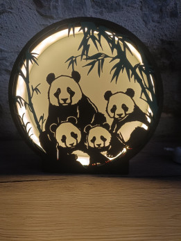 Veilleuse ronde noire silhouette famille pandas et bambous rétroéclairée