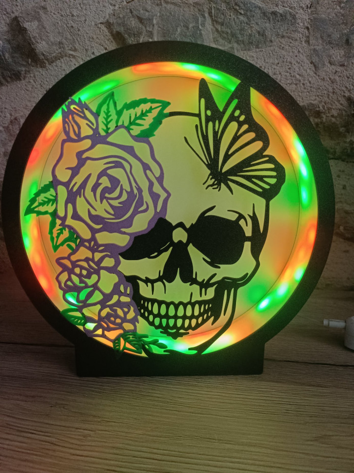 Veilleuse circulaire lumineuse avec crâne, rose et papillon rétroéclairés par des LED multicolores