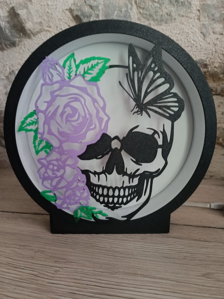 Veilleuse circulaire lumineuse avec crâne, rose et papillon rétroéclairés par des LED multicolores