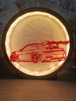 Veilleuse circulaire LED imprimée en 3D avec silhouette de voiture de sport rouge
