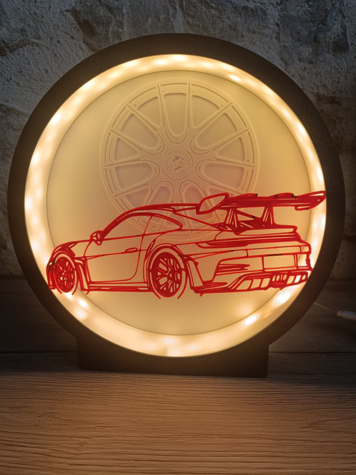 Veilleuse circulaire LED imprimée en 3D avec silhouette de voiture de sport rouge