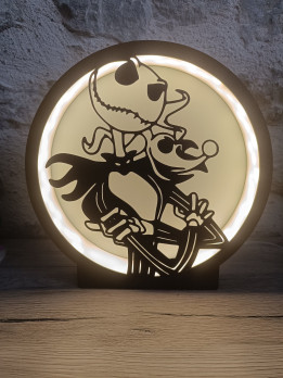 Veilleuse ronde noire imprimée en 3D avec silhouette d'un squelette souriant et de son chien fantôme