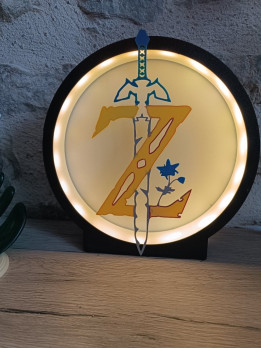 Lampe circulaire LED imprimée en 3D ornée d'une épée, d'une lettre dorée et d'une fleur bleue