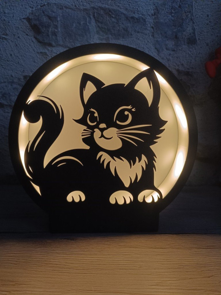 Lampe ronde en impression 3D illuminée avec silhouette noire de chaton mignon