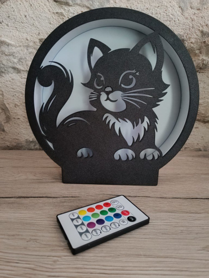 Lampe ronde en impression 3D illuminée avec silhouette noire de chaton mignon